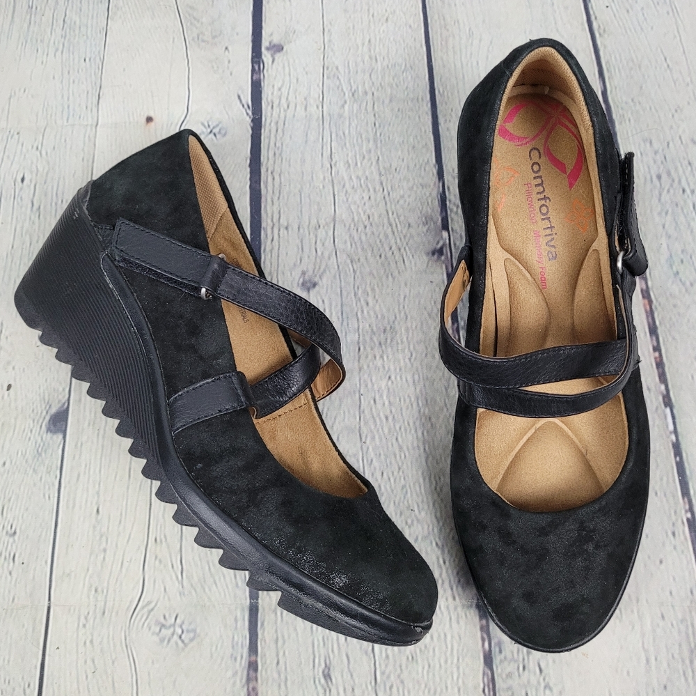 COMFORTIVA | leather adjustable strap wedge comfort shoes